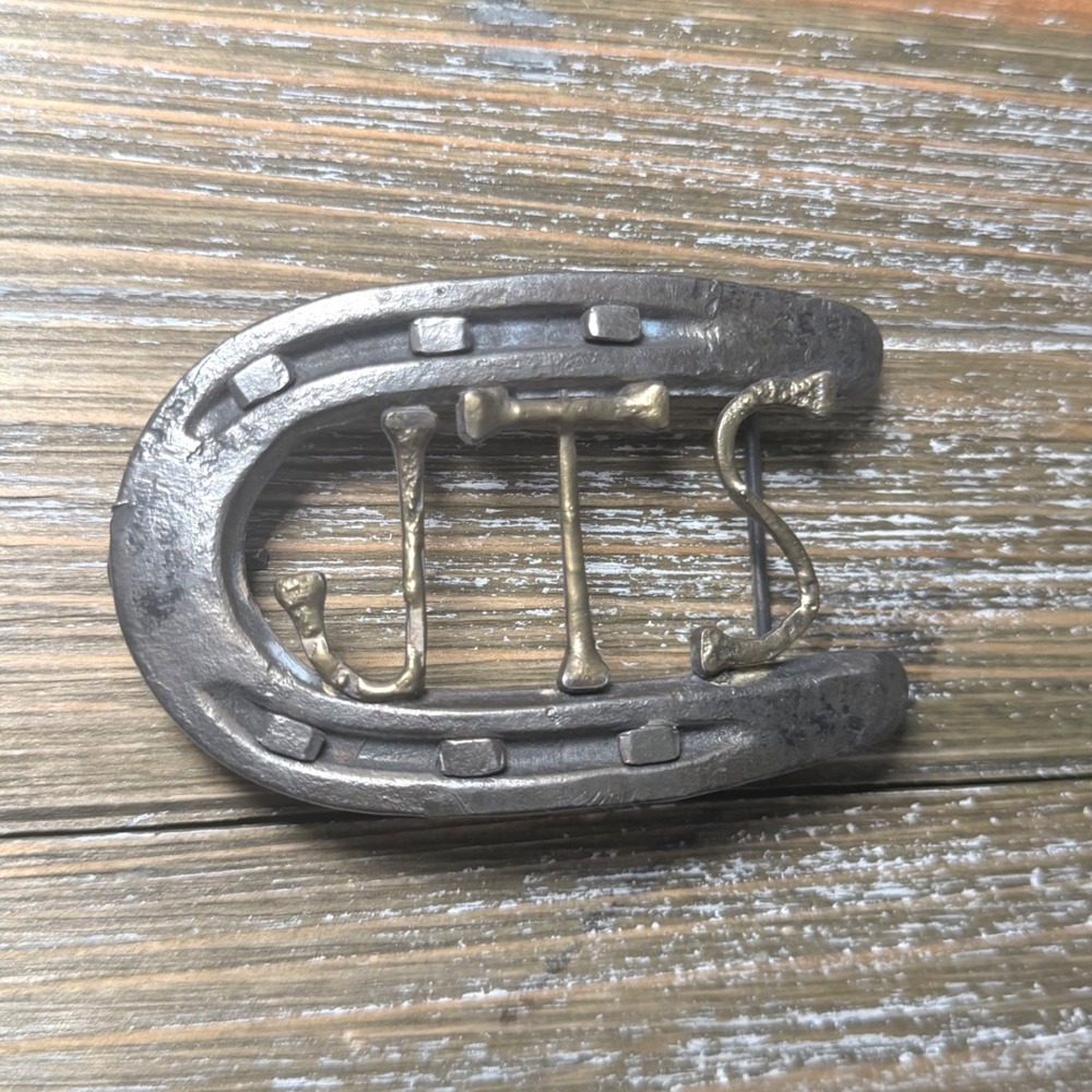 Vintage 1977 Horseshoe Belt Buckle JTS Initials Western Cowboy Rustic Metal Pony